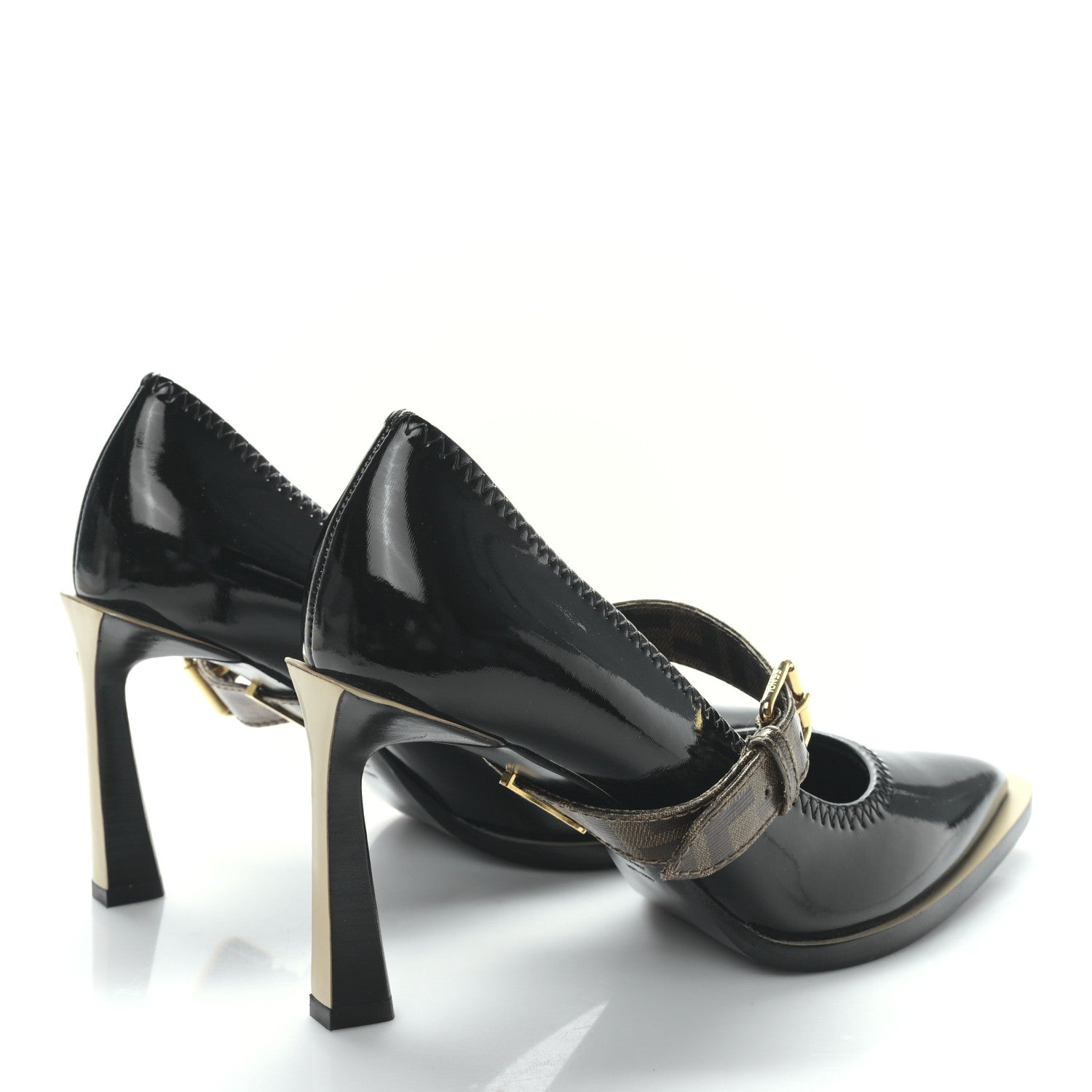 Fendi Glossy Neoprene Glazed Fabric FF FFrame Court Mary Jane Slingback Pumps 38 Black Tobacco Moro 4 of 7