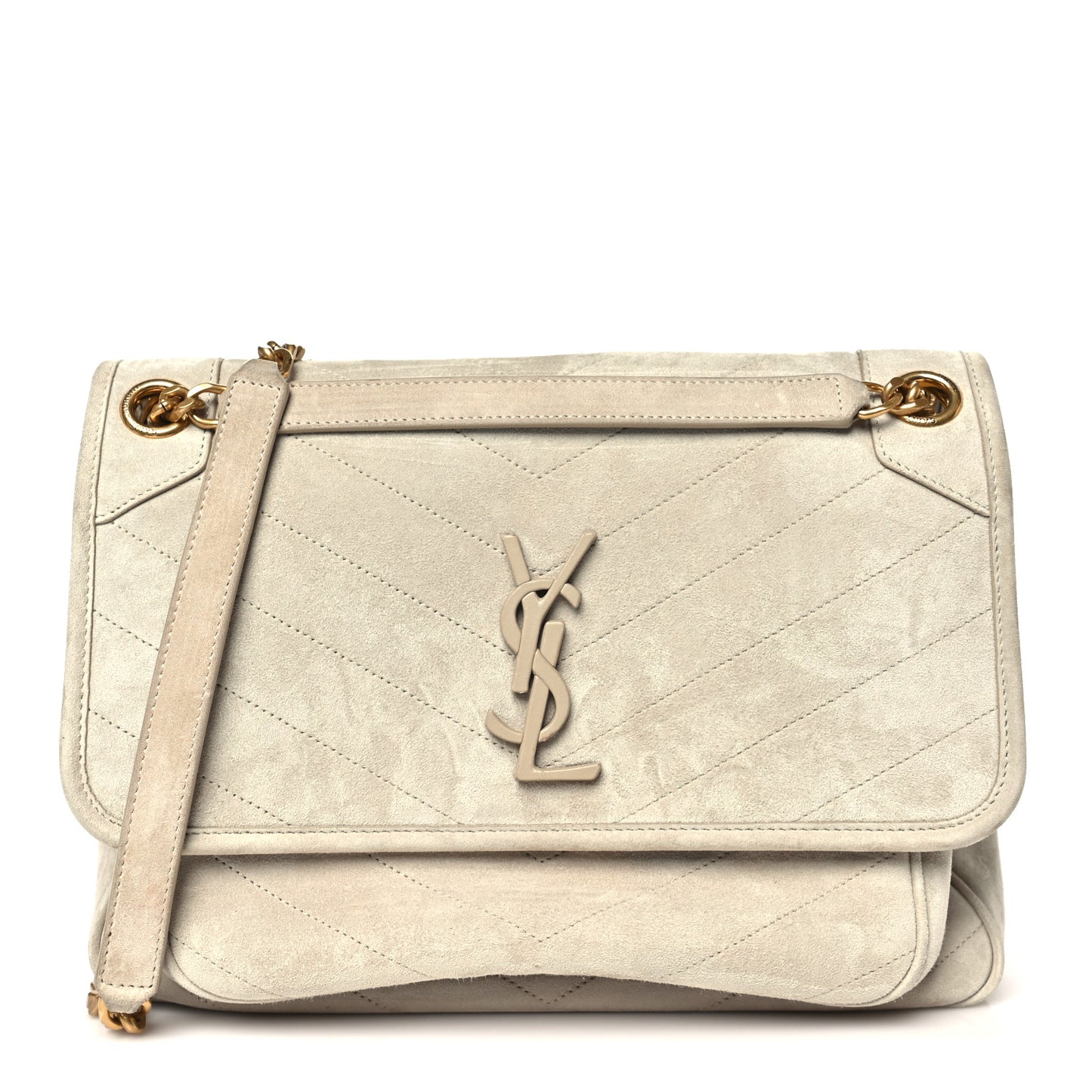 Suede Monogram Medium Niki Chain Satchel Light Beige