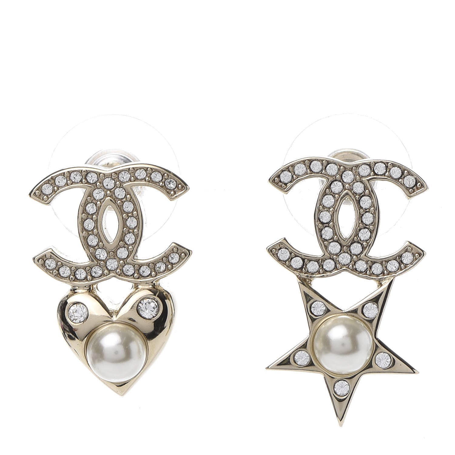 Chanel Crystal Pearl Charming Winter CC Star Heart Earrings Gold 1 of 5