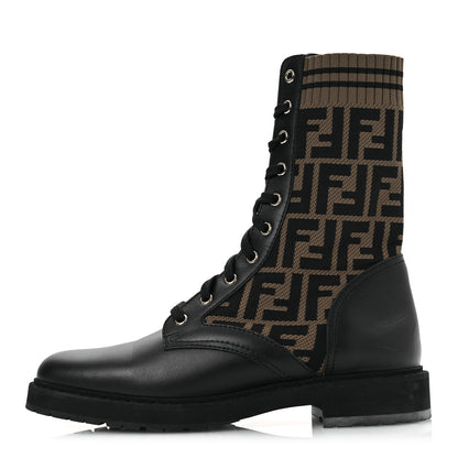 Fendi Calfskin Stretch Fabric FF Rockoko Biker Boots 40 Black Tobacco 1 of 14