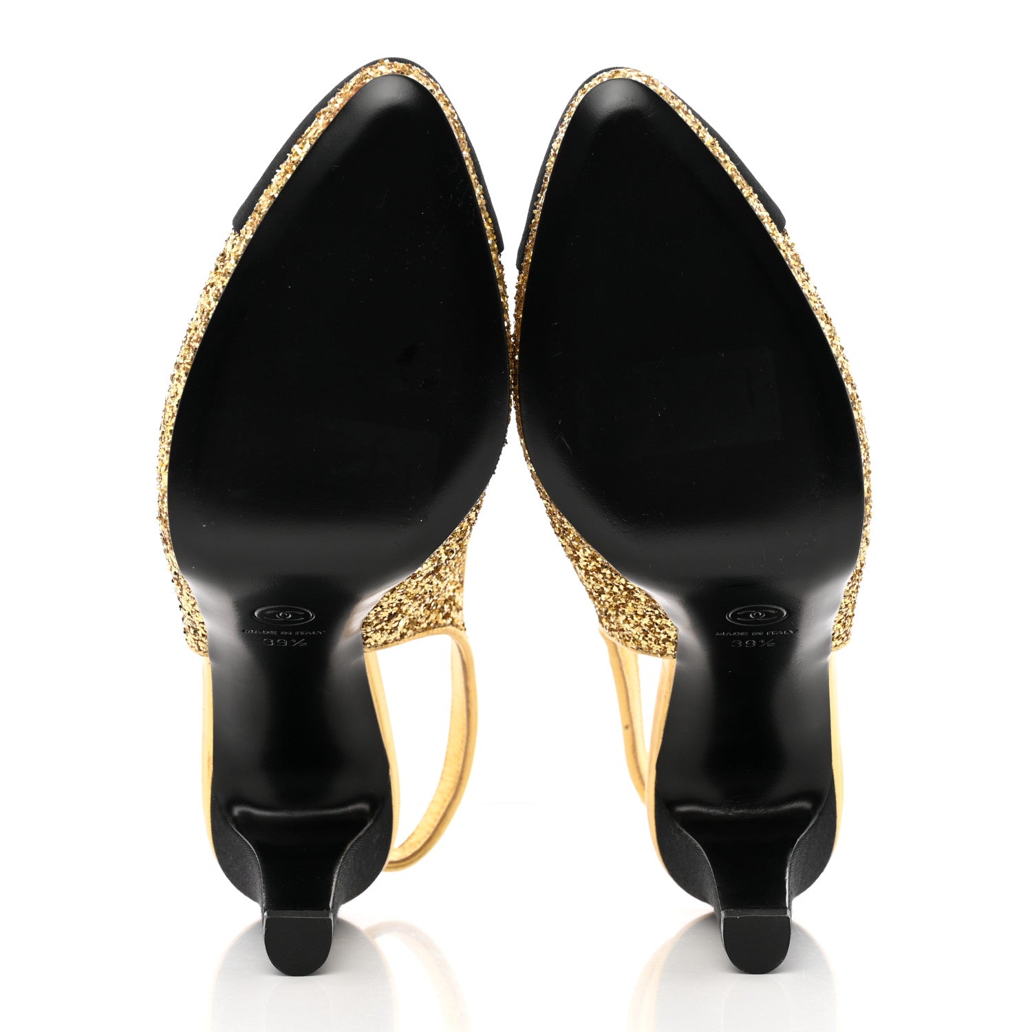Chanel Glitter Grosgrain Cap Toe CC Slingback Pumps 39.5 Gold Black 7 of 17