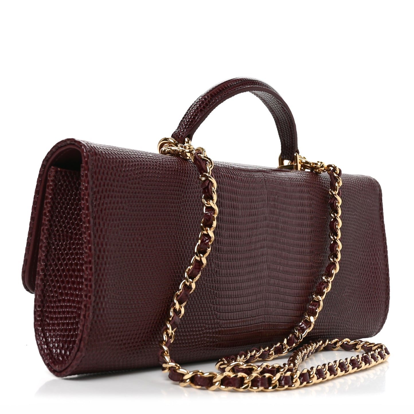 Calfskin Lizard Embossed Clutch With Chain  Bordeaux