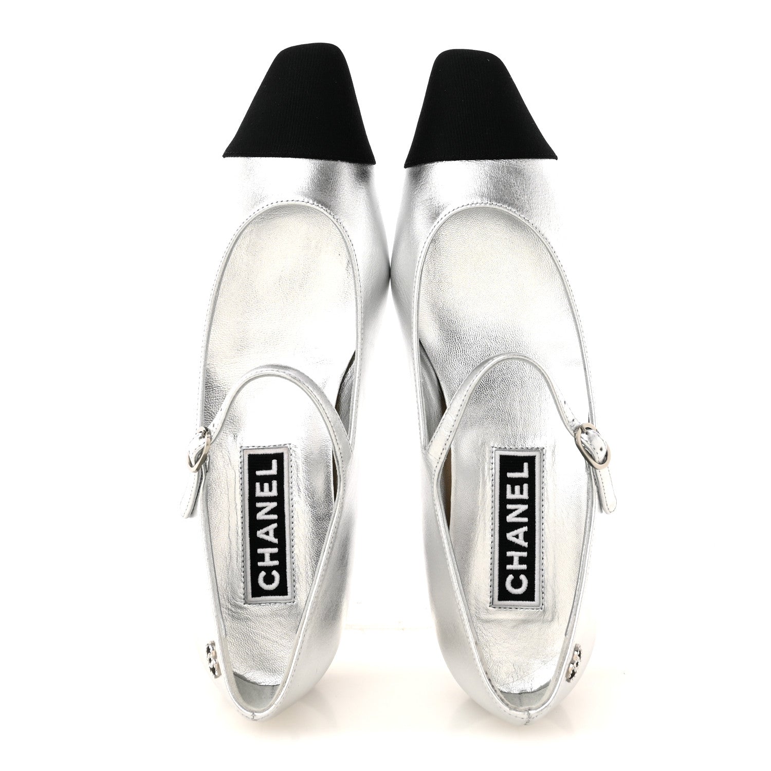 Chanel Laminated Calfskin Grosgrain Mary Janes Flats 40 Silver Black 2 of 9
