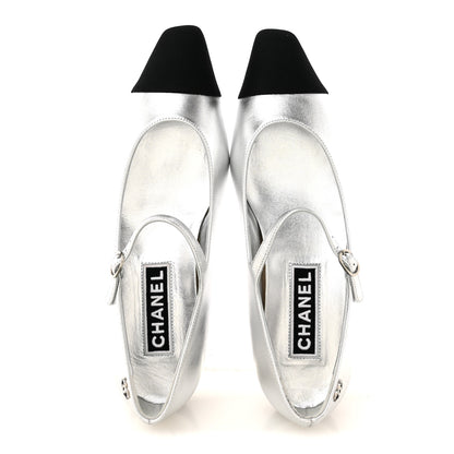Chanel Laminated Calfskin Grosgrain Mary Janes Flats 40 Silver Black 2 of 9