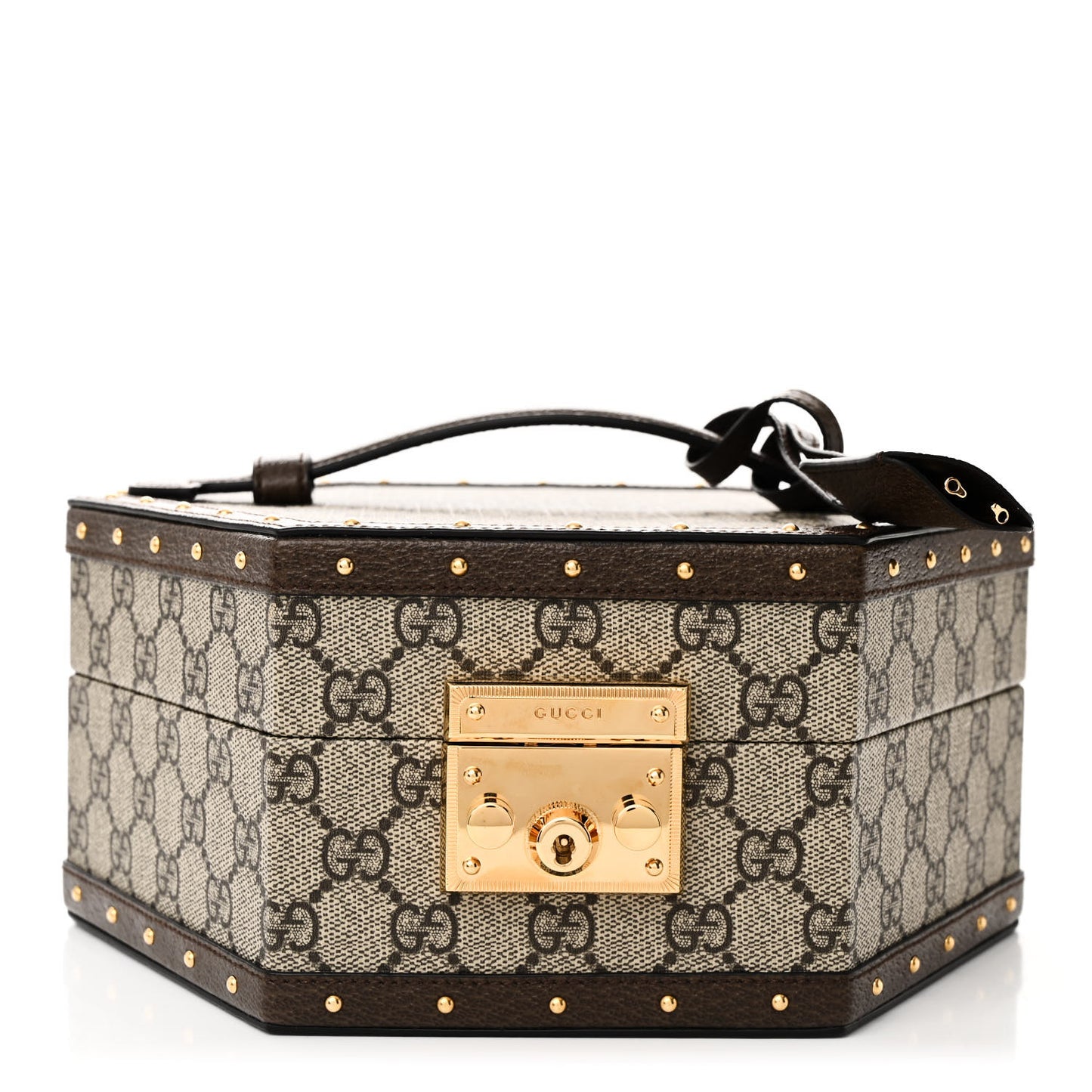 GG Supreme Monogram Textured Dollar Calfskin Studded Padlock Hexagon Top Handle Case Beige Ebony New Acero