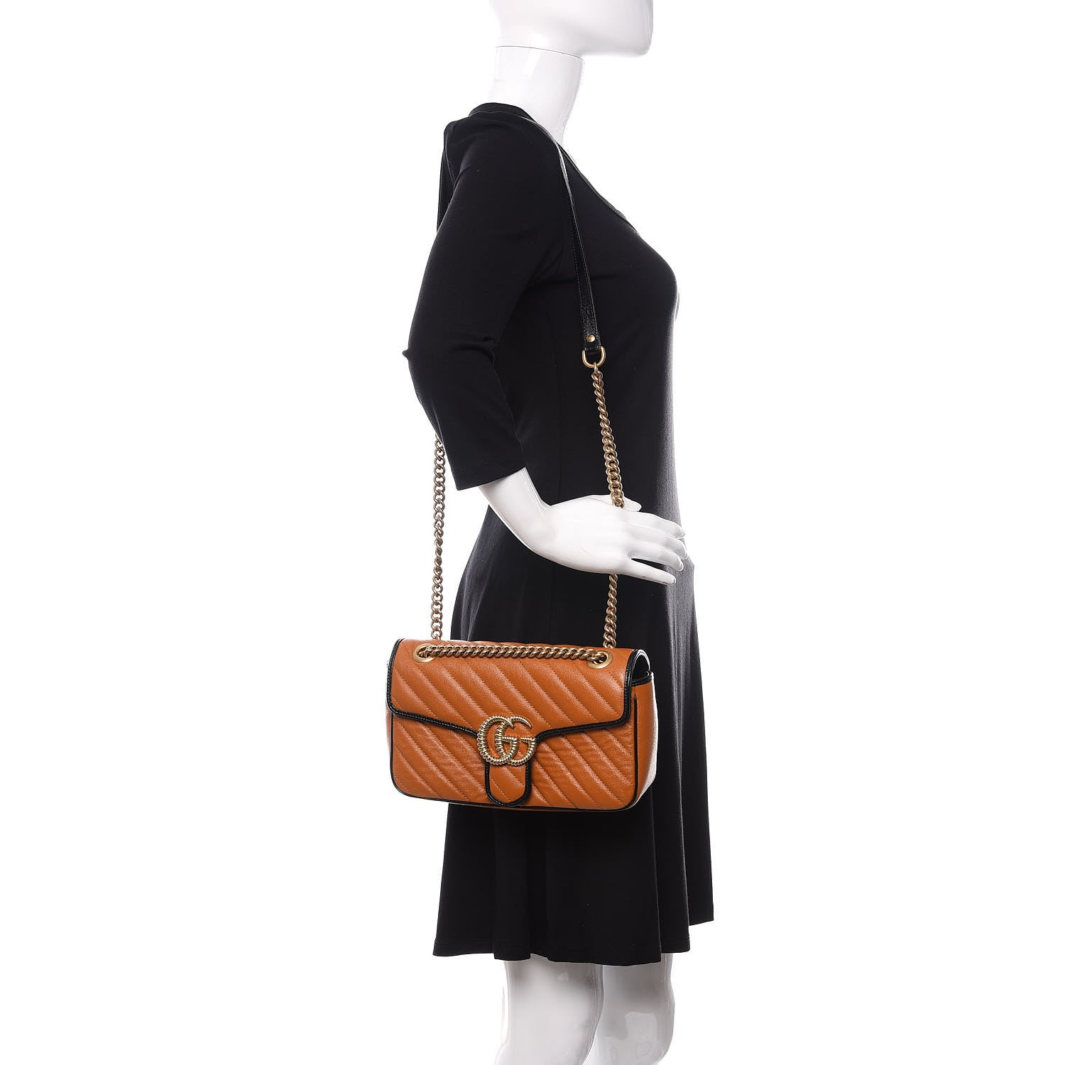 Gucci Vintage Effect Calfskin Matelasse Diagonal Small Torchon GG Marmont Shoulder Bag Cognac Black 2 of 10
