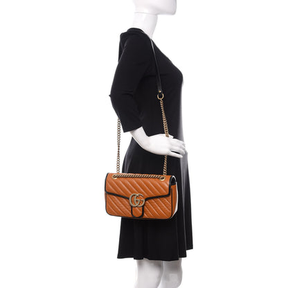 Gucci Vintage Effect Calfskin Matelasse Diagonal Small Torchon GG Marmont Shoulder Bag Cognac Black 2 of 10