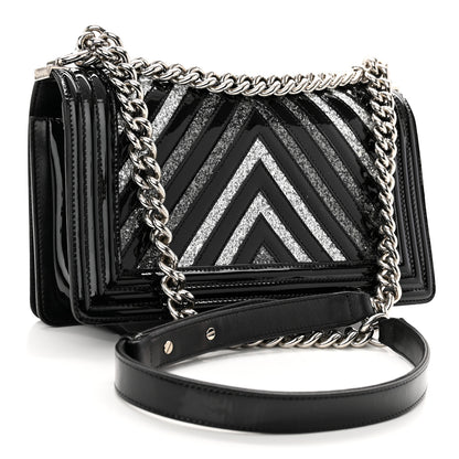 Chanel Patent Glitter PVC Chevron Quilted Medium Boy Flap Black Silver 3 of 11