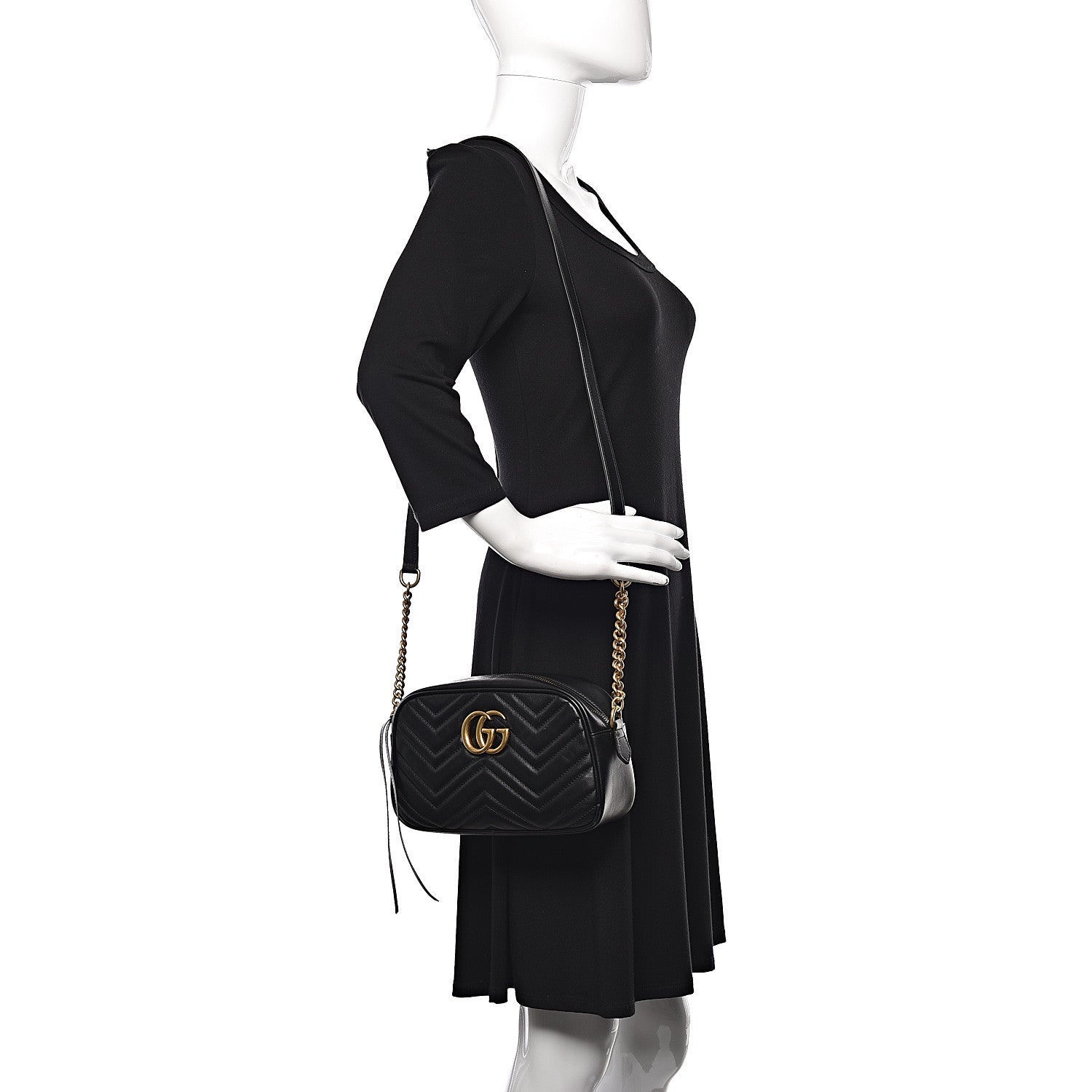 Gucci Calfskin Matelasse Small GG Marmont Chain Shoulder Bag Black 2 of 10