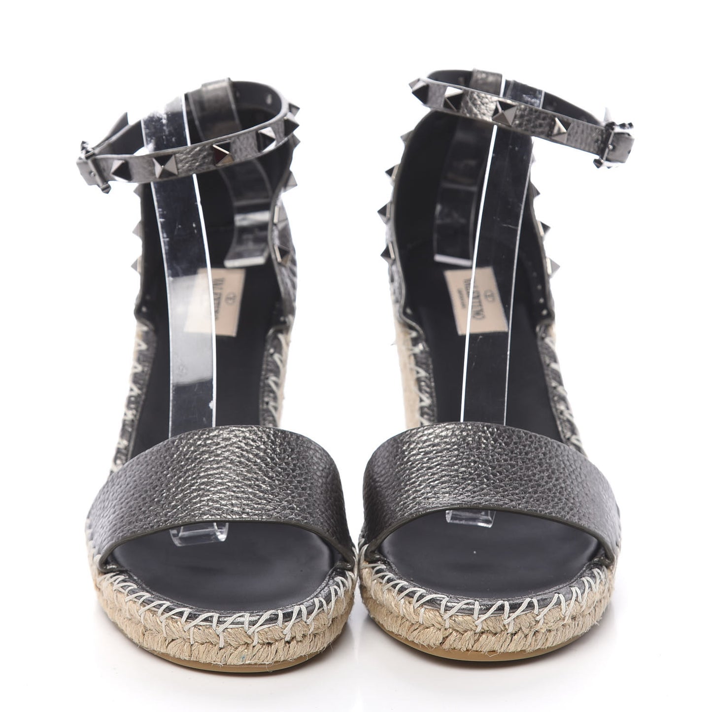 Metallic Grained Calfskin Rockstud Ankle Strap Espadrille 15/105mm Wedge Sandals 41 Rutenio Natural