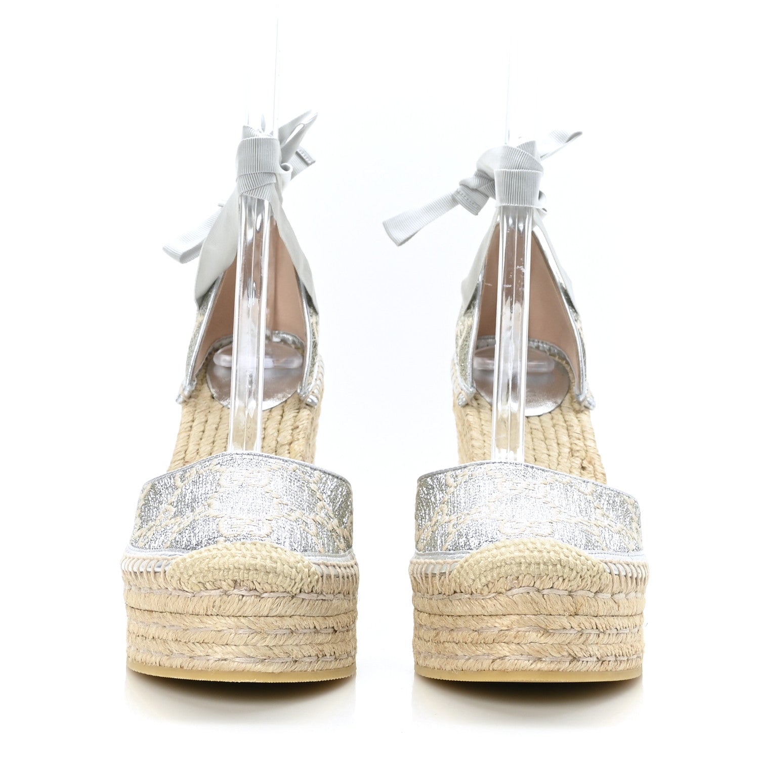 Gucci Lame GG Monogram Ankle Wrap Platform Espadrille Wedges 39.5 Silver Beige Light Grey 2 of 8