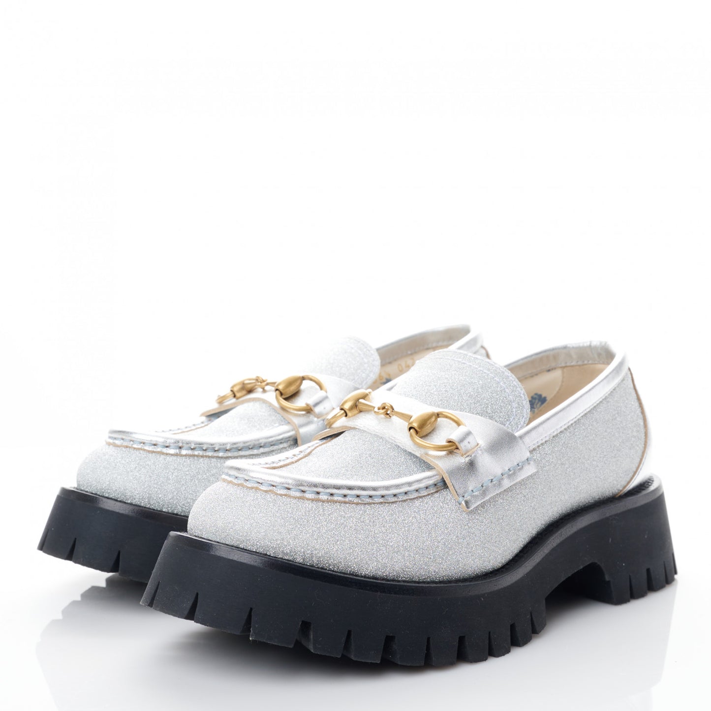 Mini Diamond Storm Silk Calfskin Womens Harald Horsebit 25mm Platform Loafers 36 Silver