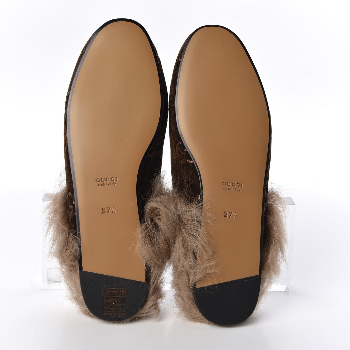 Velvet GG Monogram Fur Womens Princetown Slippers 37.5 Brown Black Natural
