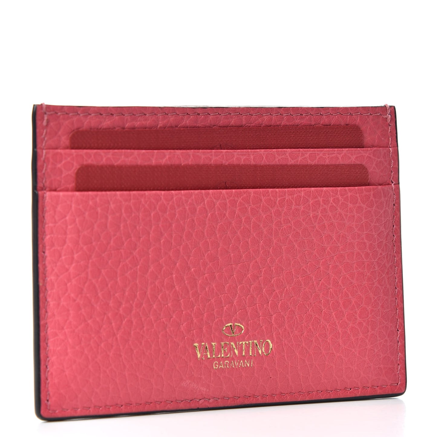 Pebbled Calfskin Rockstud Card Holder Shadow Pink