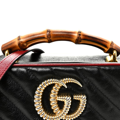 Gucci Vintage Effect Calfskin Matelasse Diagonal Small Torchon GG Marmont Bamboo Top Handle Shoulder Bag Black Romantic Cherry 8 of 10