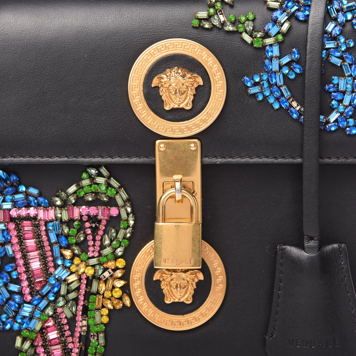 Nappa Crystal Embroidered Alphabet Icon Flap Black