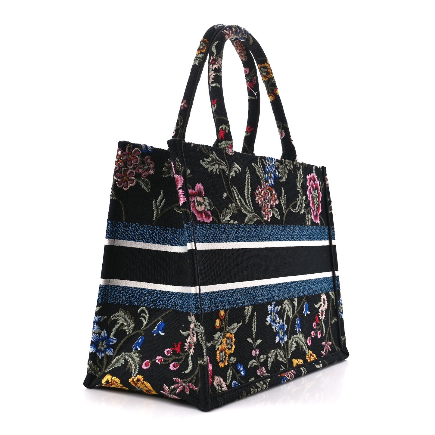 Raffia Embroidered Petites Fleurs Medium Book Tote Navy Blue Multicolor