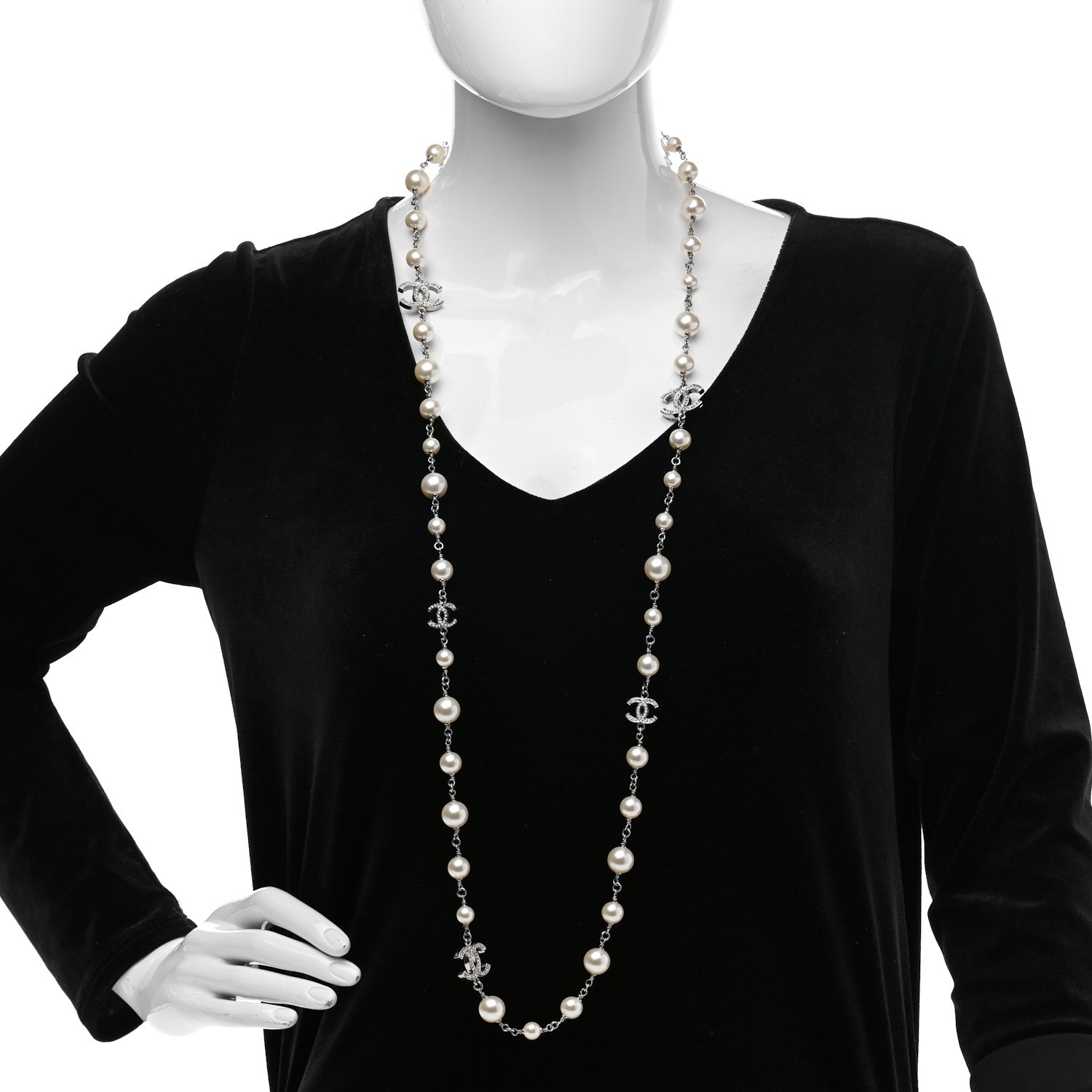 Chanel Graduated Pearl Crystal CC Long Necklace Silver 2 of 9