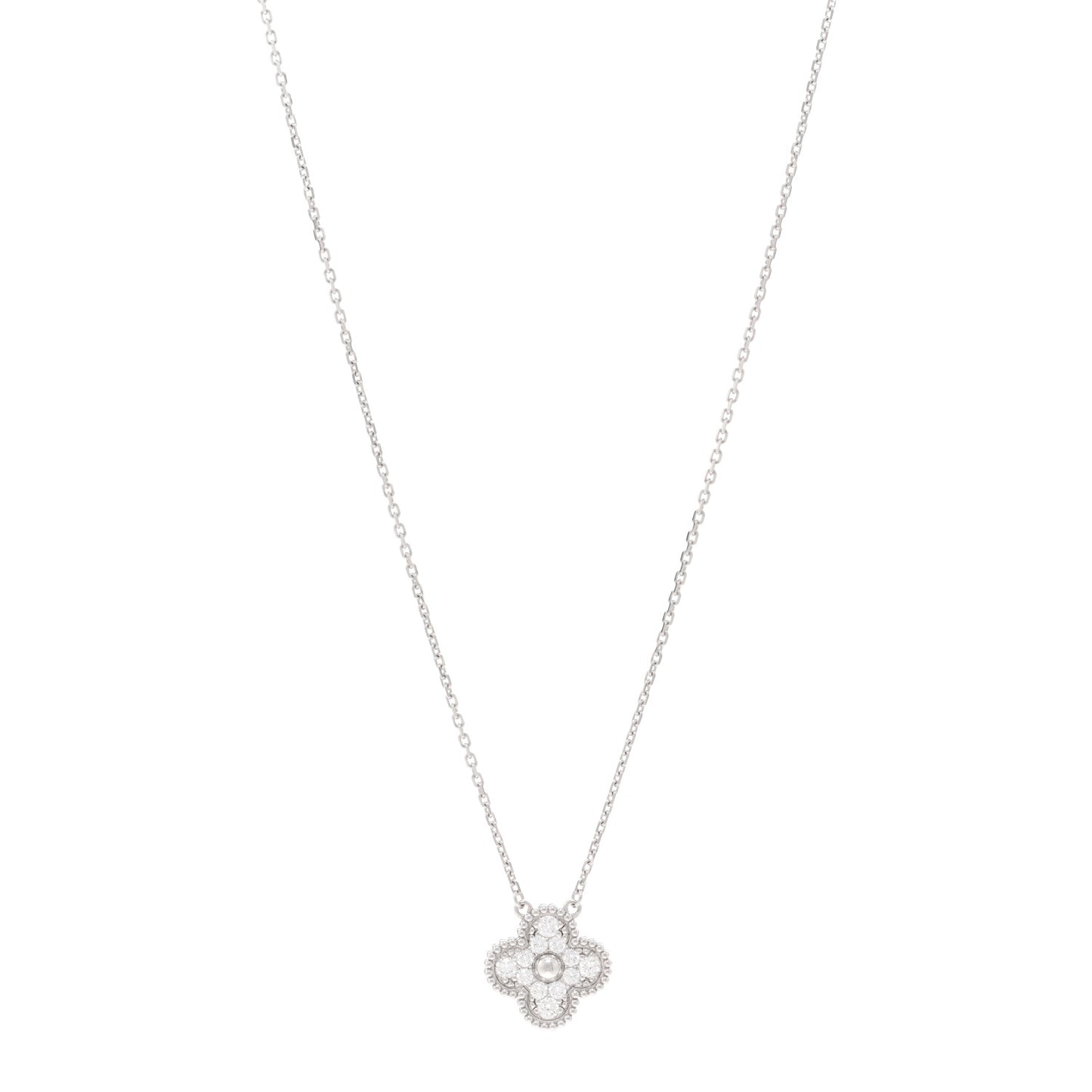 18K White Gold Diamond Vintage Alhambra Pendant Necklace