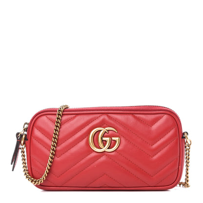 Gucci Calfskin Matelasse Mini GG Marmont Chain Crossbody Bag Hibiscus Red 1 of 10