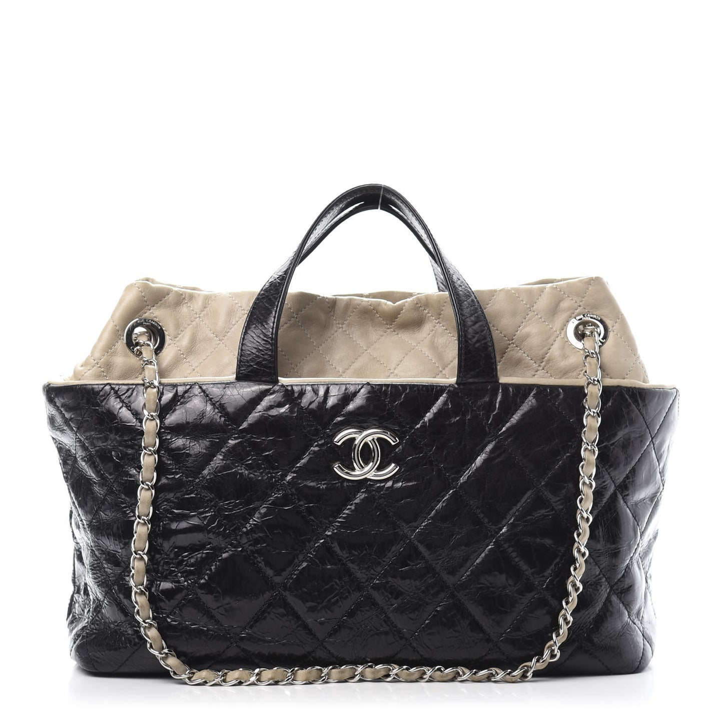 Glazed Calfskin Lambskin Portobello Tote Black Beige