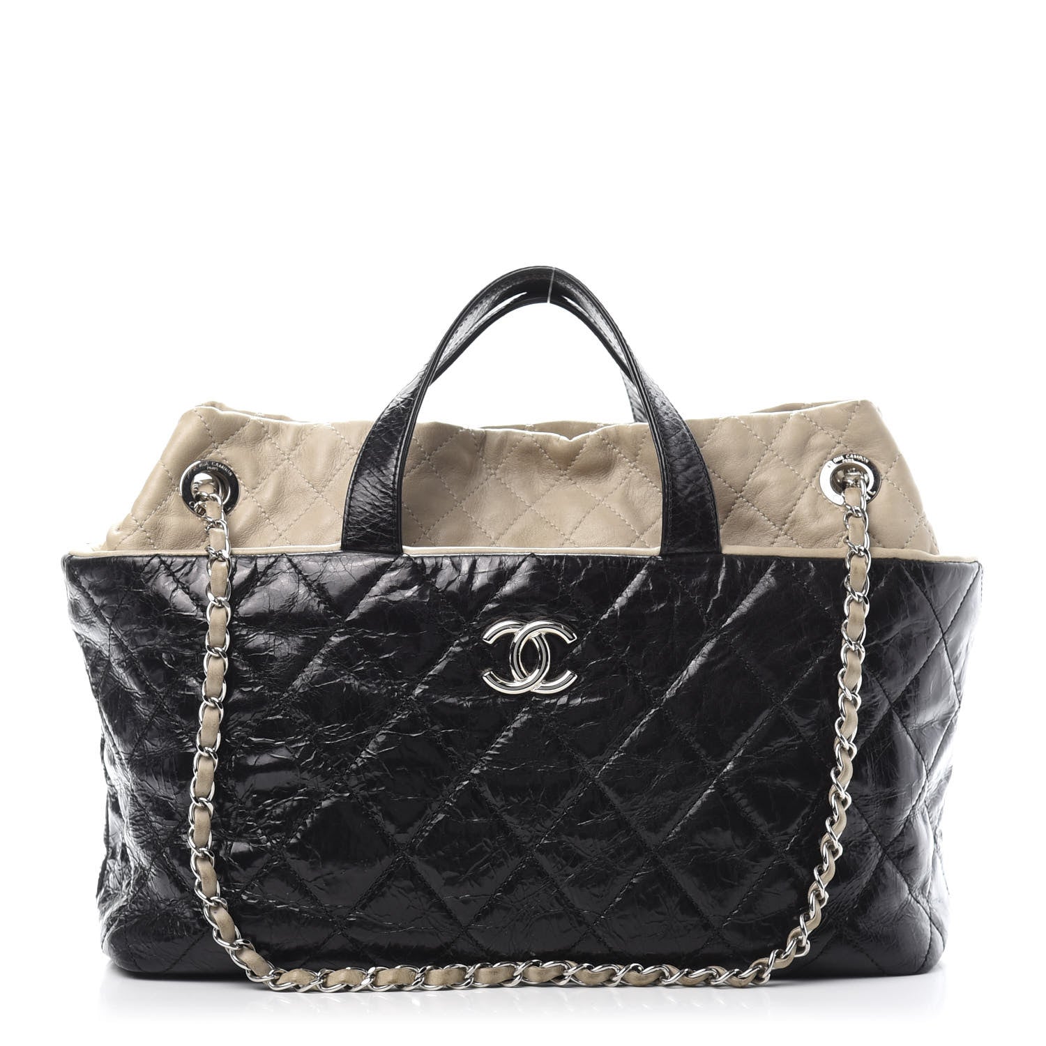 Chanel Glazed Calfskin Lambskin Portobello Tote Black Beige 1 of 15