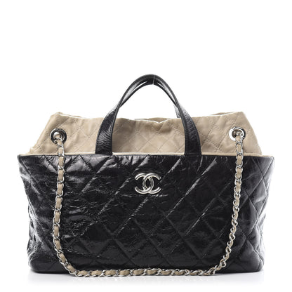 Chanel Glazed Calfskin Lambskin Portobello Tote Black Beige 1 of 15