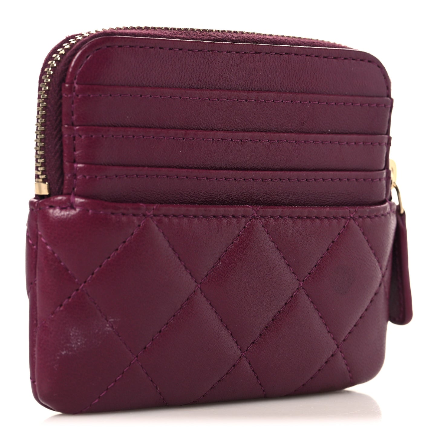 Lambskin Quilted Zip Card Holder Wallet Dark Purple