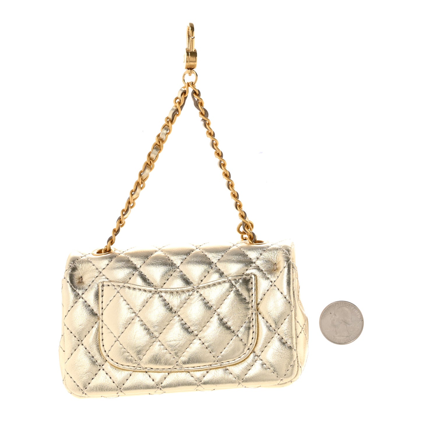 Metallic Calfskin Quilted Mini Flap Bag Charm With Hook Gold