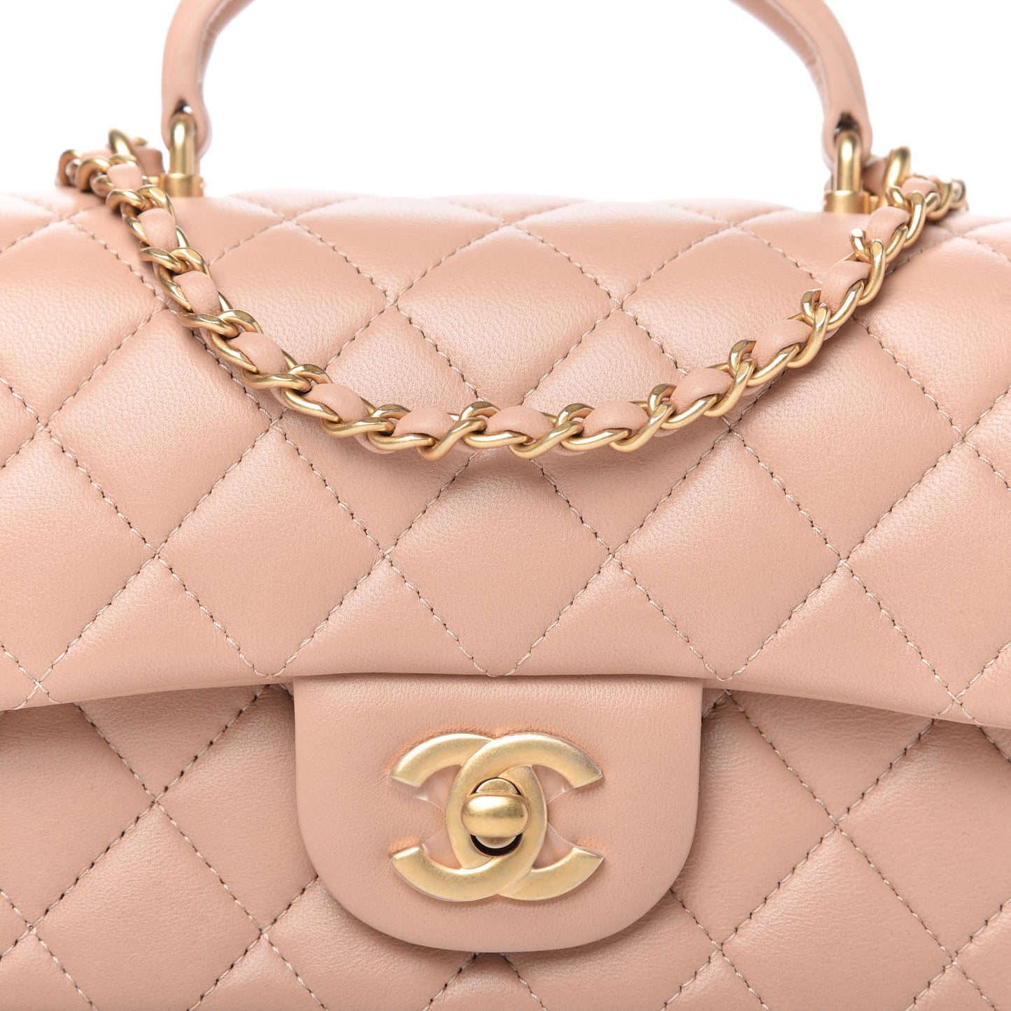 Lambskin Quilted Mini Top Handle Rectangular Flap Beige