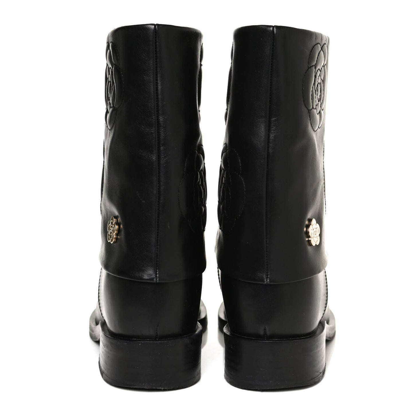 Calfskin Camellia Short Boots 38 Black