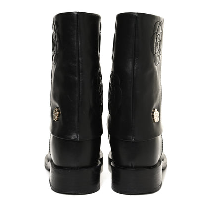 Chanel Calfskin Camellia Short Boots 38 Black 6 of 13
