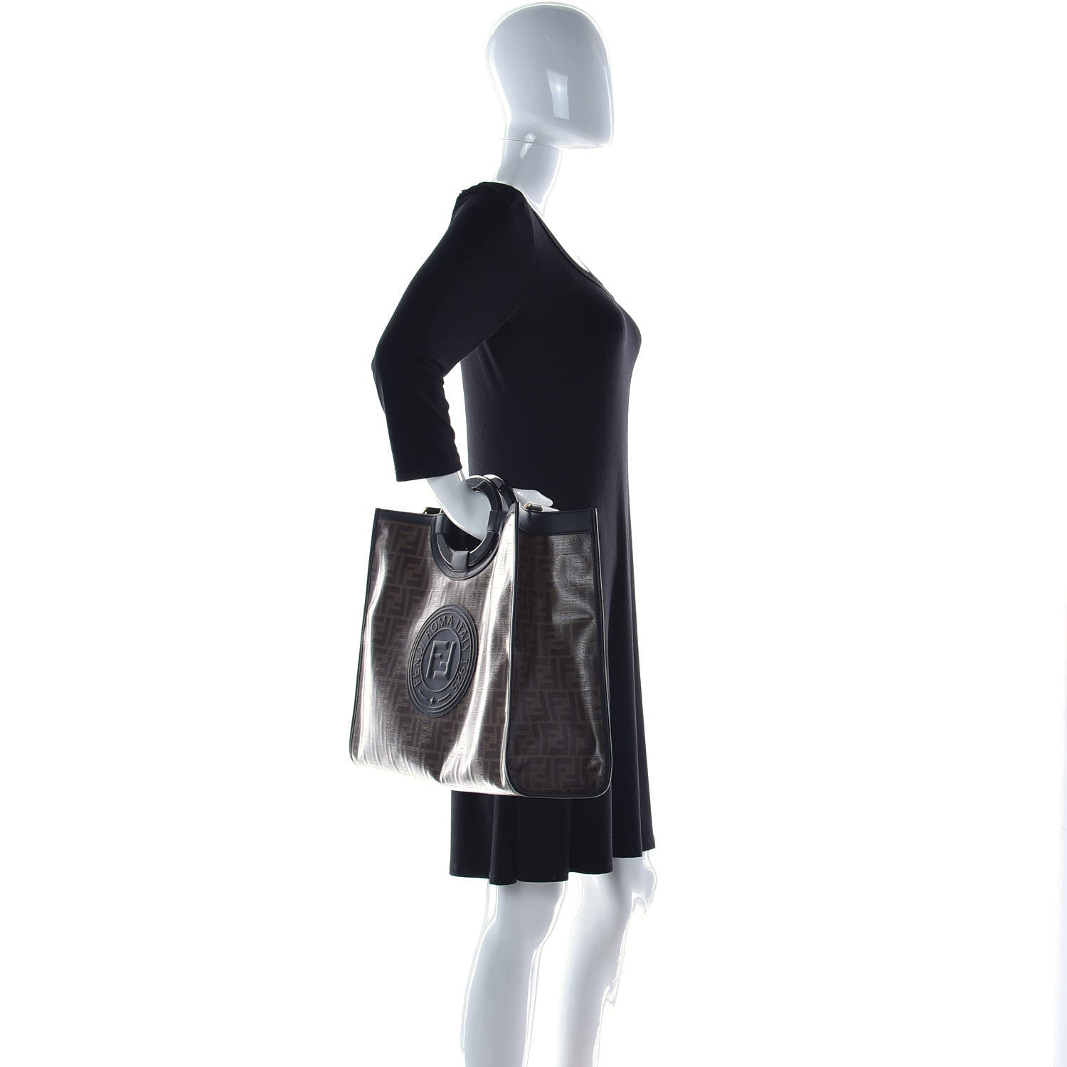 Fendi Glazed Fabric Vitello Century Plexiglass FF 1974 Stamp Patch Medium Runaway Shopper Tote Mogano Panna Black 2 of 17