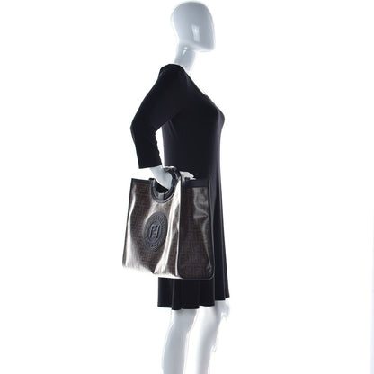 Fendi Glazed Fabric Vitello Century Plexiglass FF 1974 Stamp Patch Medium Runaway Shopper Tote Mogano Panna Black 2 of 17