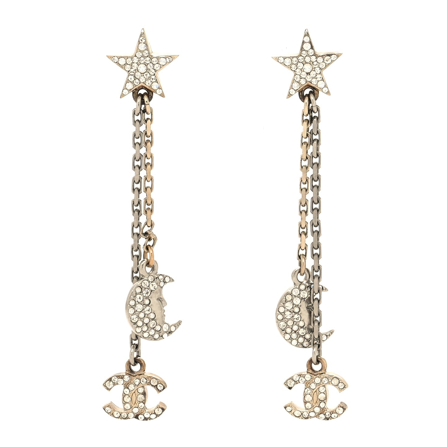 Crystal CC Star Moon Dangle Earrings Silver Gold