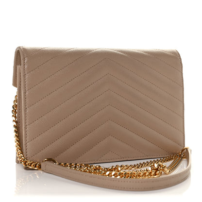 Saint Laurent Grain De Poudre Matelasse Chevron Monogram Envelope Chain Wallet Dark Beige 3 of 11