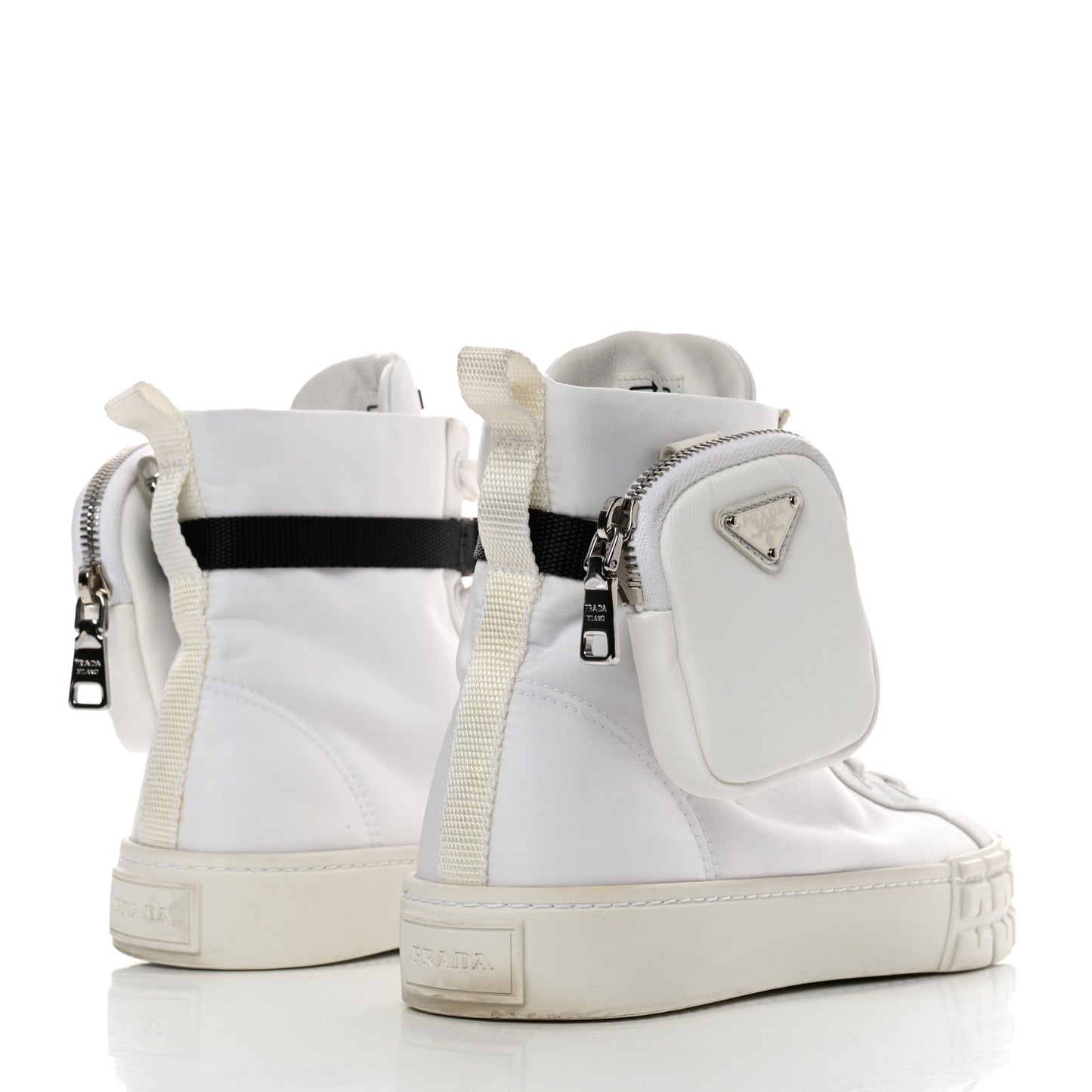 Re-Nylon Gabardine Metal Triangle Logo Wheel Pouch Pocket High Top Sneakers 38.5 White