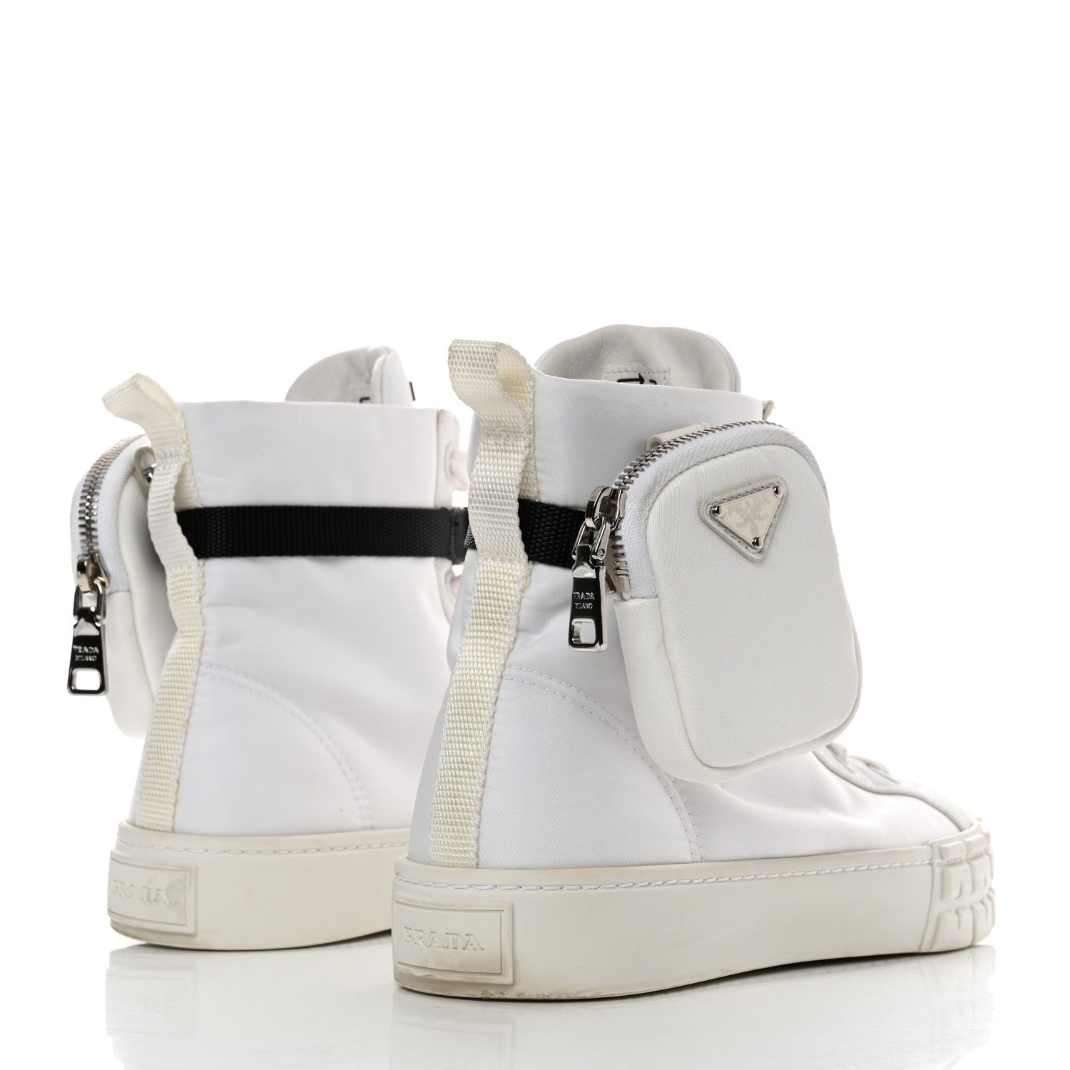 Prada Re-Nylon Gabardine Metal Triangle Logo Wheel Pouch Pocket High Top Sneakers 38.5 White 4 of 9
