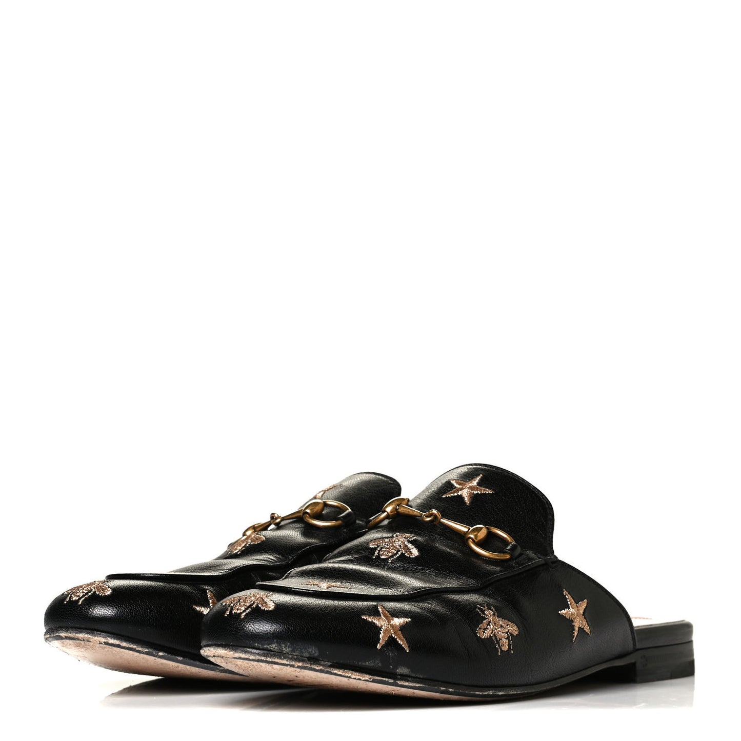 Goatskin Bee Star Embroidered Womens Princetown Slippers 38.5 Black