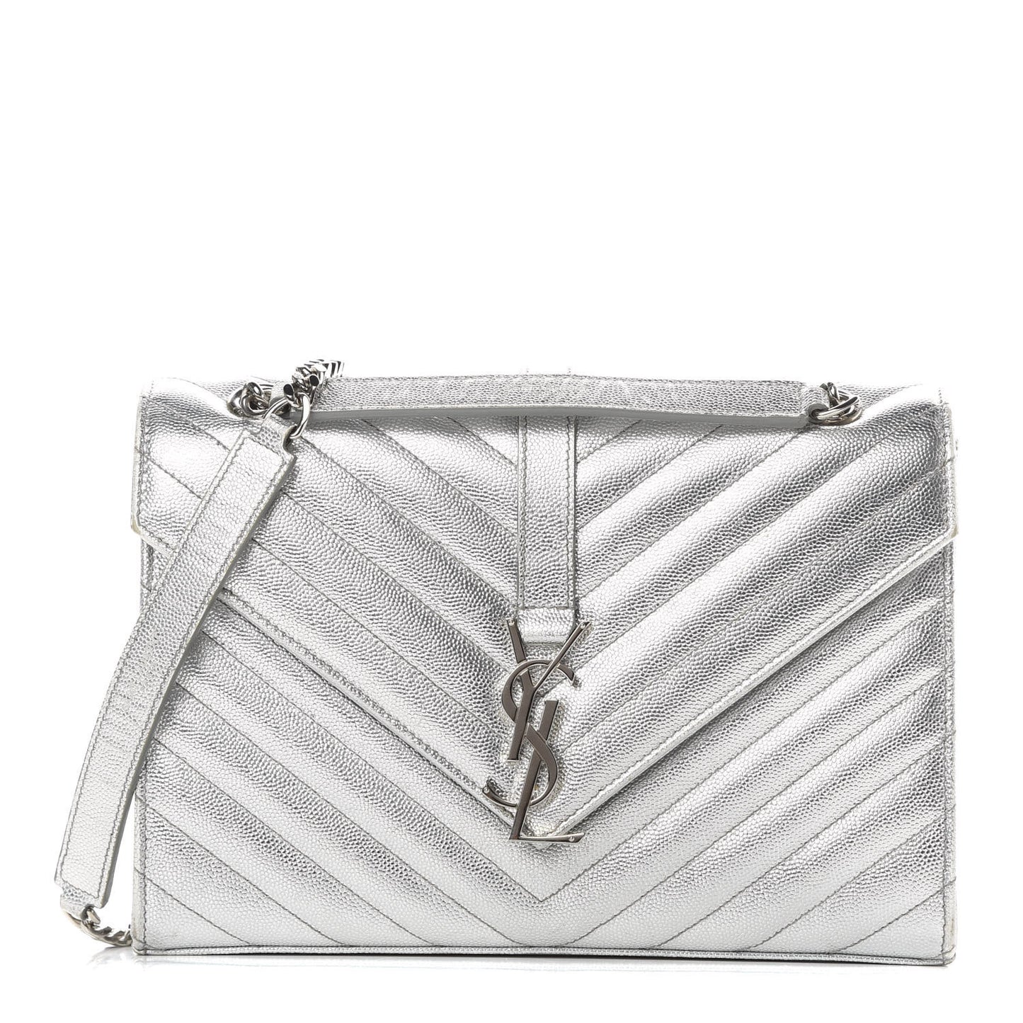 Metallic Grain De Poudre Matelasse Chevron Medium Monogram Satchel Silver