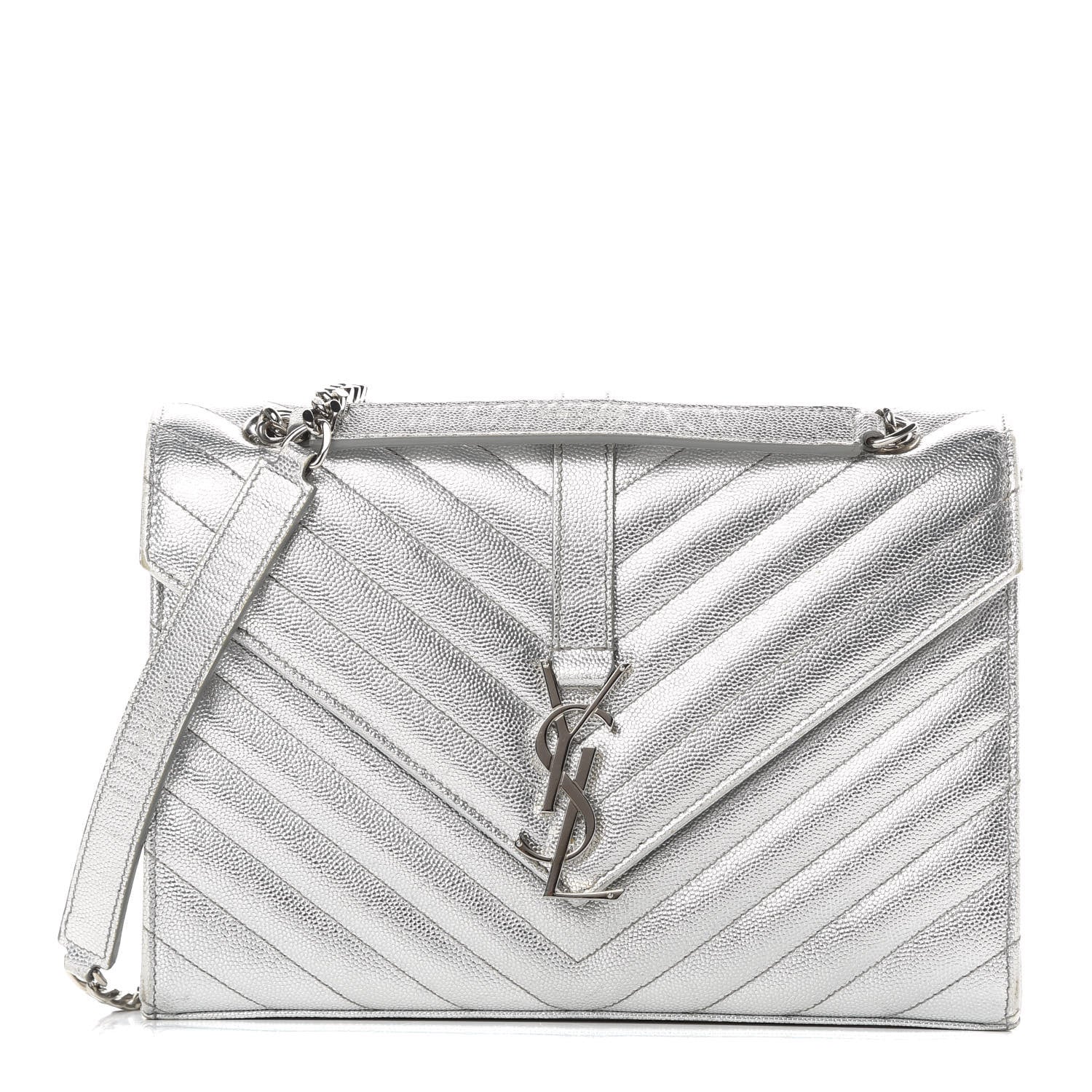 Saint Laurent Metallic Grain De Poudre Matelasse Chevron Medium Monogram Satchel Silver 1 of 17