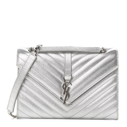 Saint Laurent Metallic Grain De Poudre Matelasse Chevron Medium Monogram Satchel Silver 1 of 17