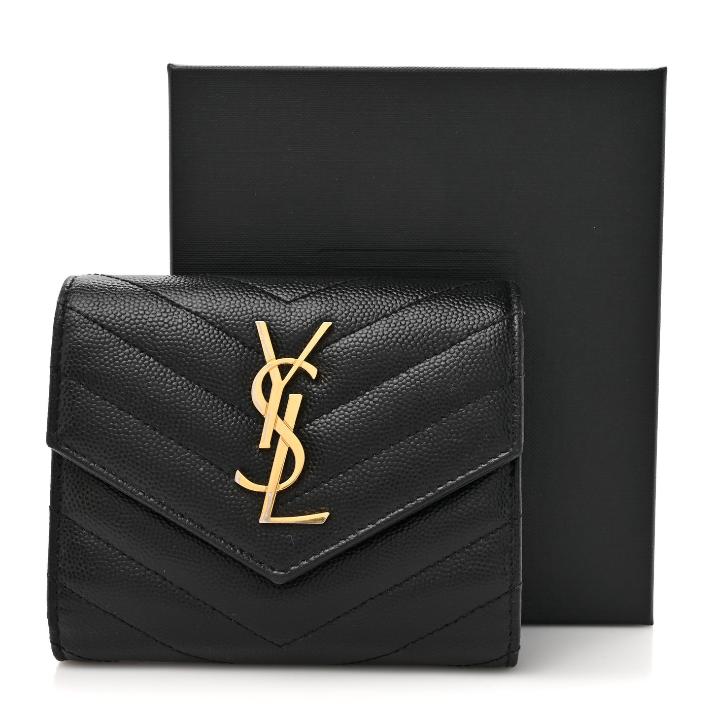Grain De Poudre Matelasse Chevron Monogram Compact Tri Fold Wallet Black
