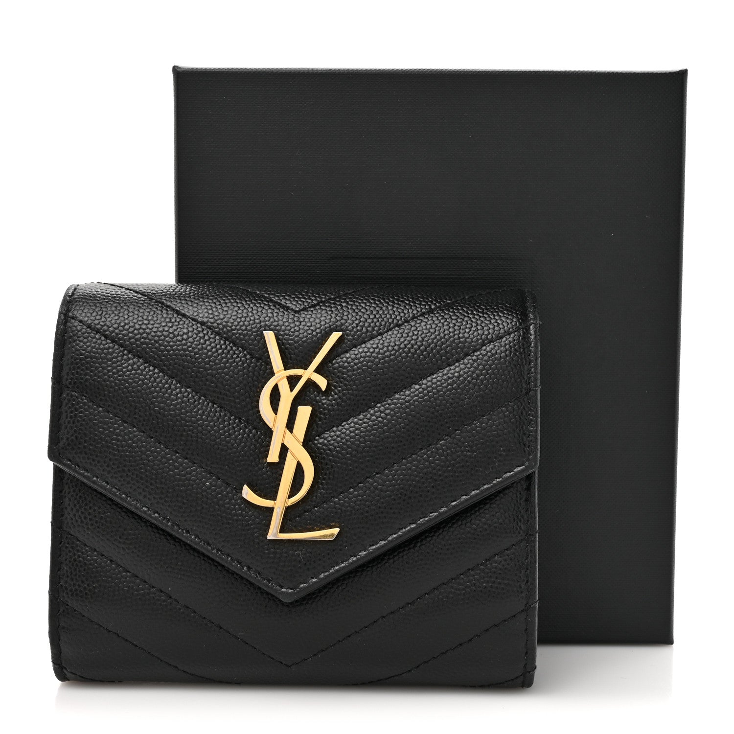 Saint Laurent Grain De Poudre Matelasse Chevron Monogram Compact Tri Fold Wallet Black 11 of 11