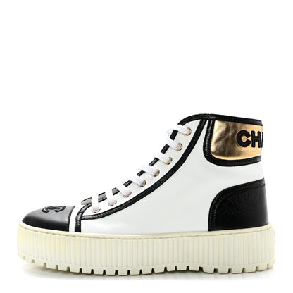 Chanel Aged Calfskin Lace Up Cap Toe Sneakers 37 White Gold 1 of 9