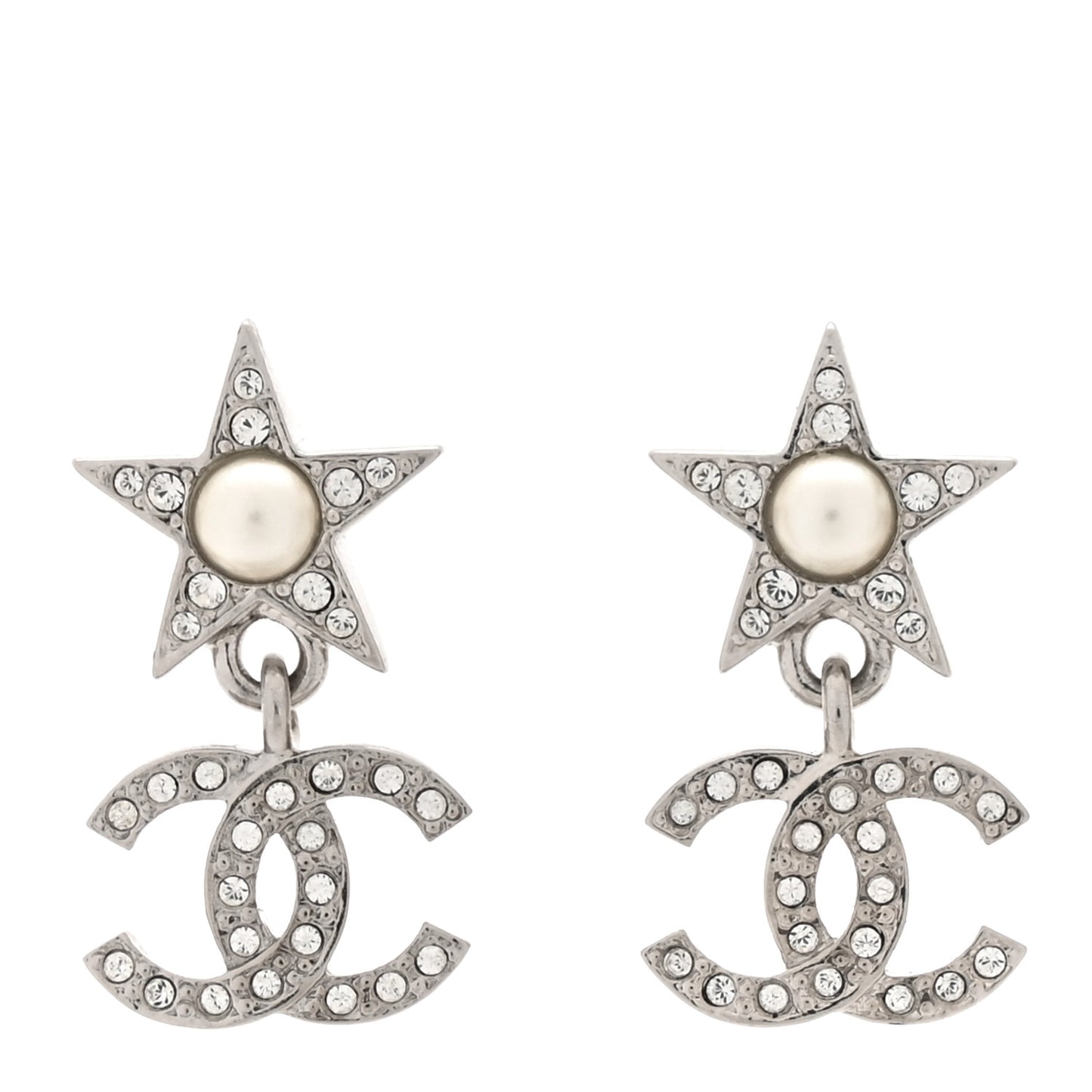 Crystal CC Pearl Star Drop Earrings Silver
