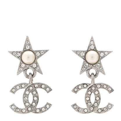Chanel Crystal CC Pearl Star Drop Earrings Silver 1 of 5