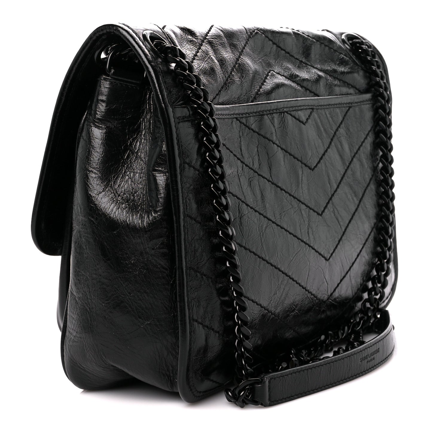 Crinkled Calfskin Matelasse Monogram Medium Niki Chain Satchel Black
