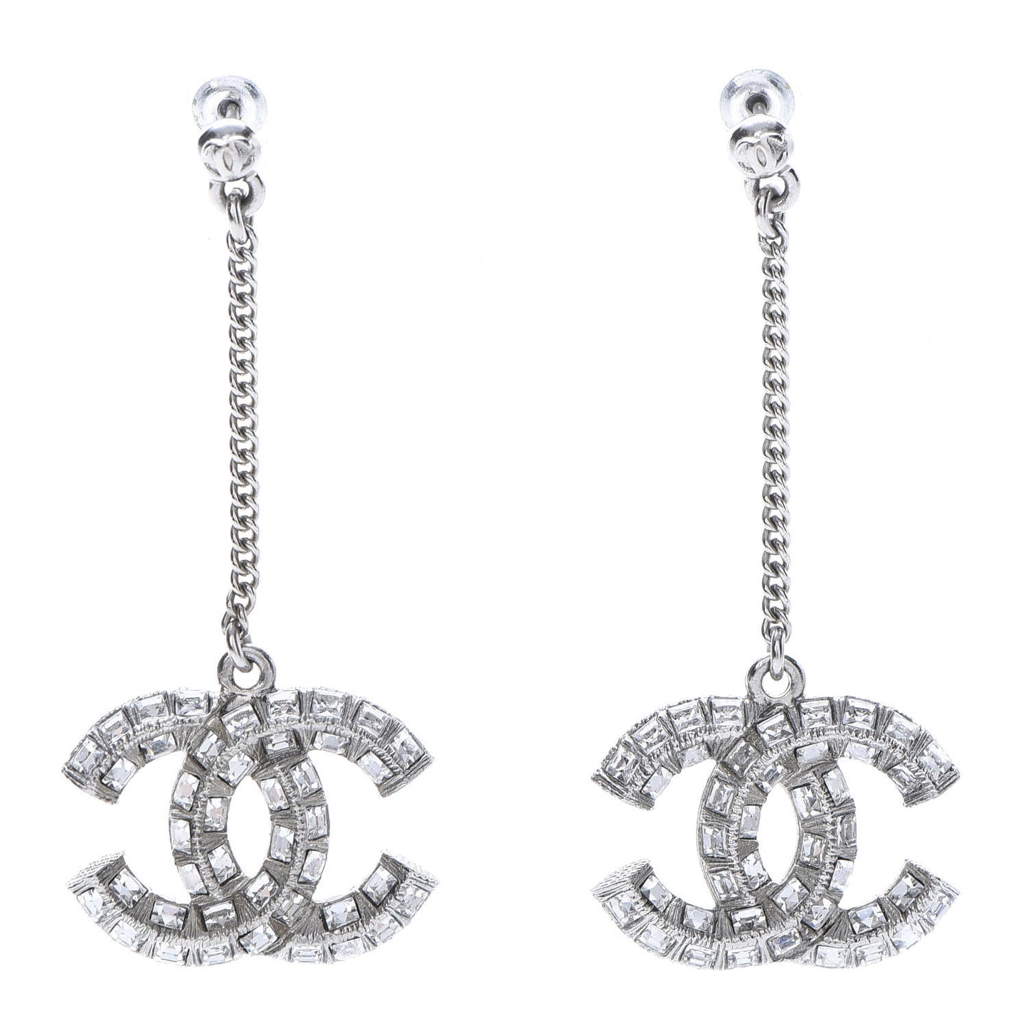 Baguette Crystal CC Drop Earrings Silver
