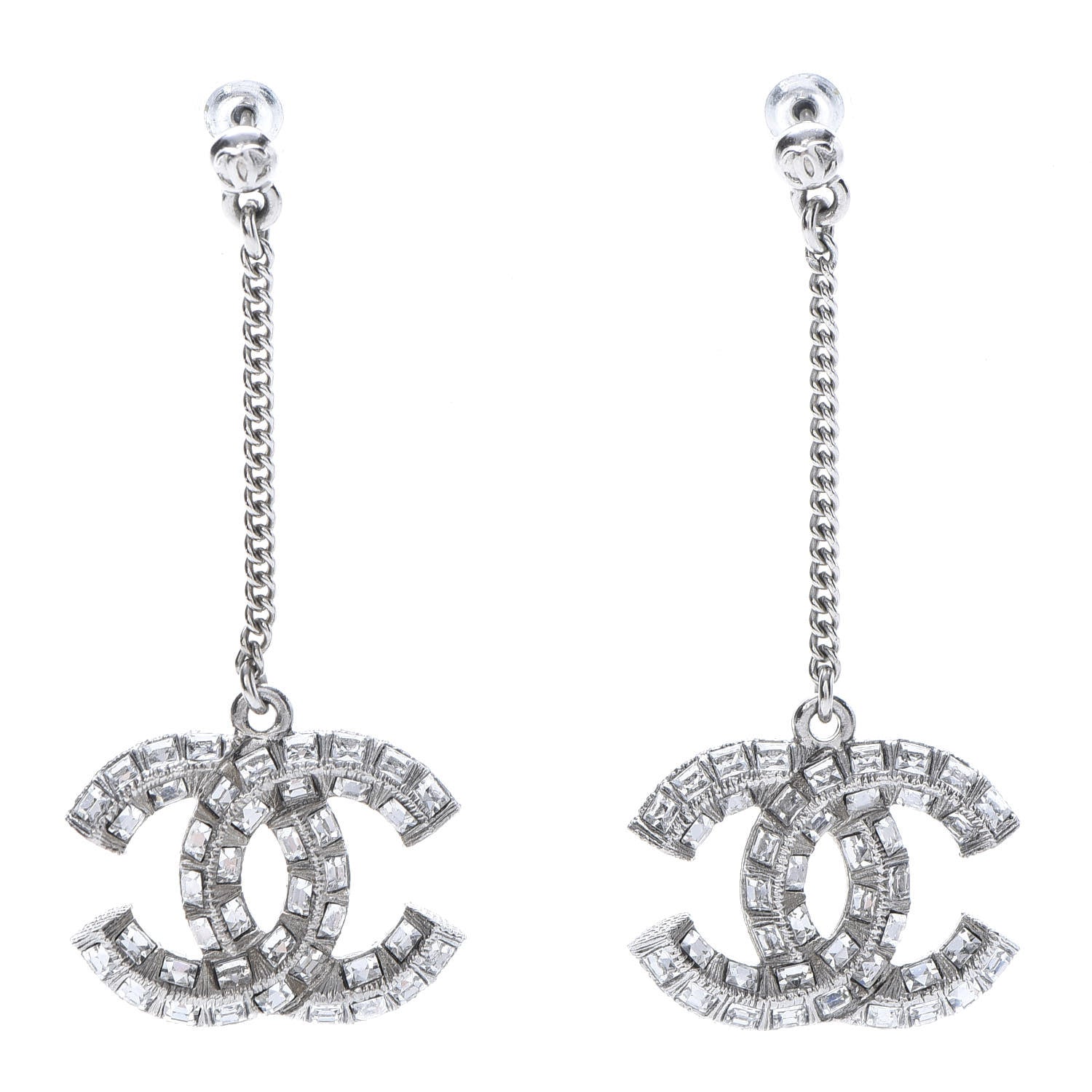 Chanel Baguette Crystal CC Drop Earrings Silver 1 of 4